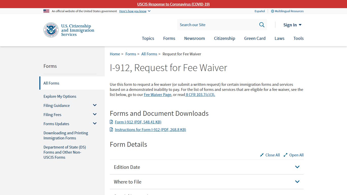 Request for Fee Waiver | USCIS